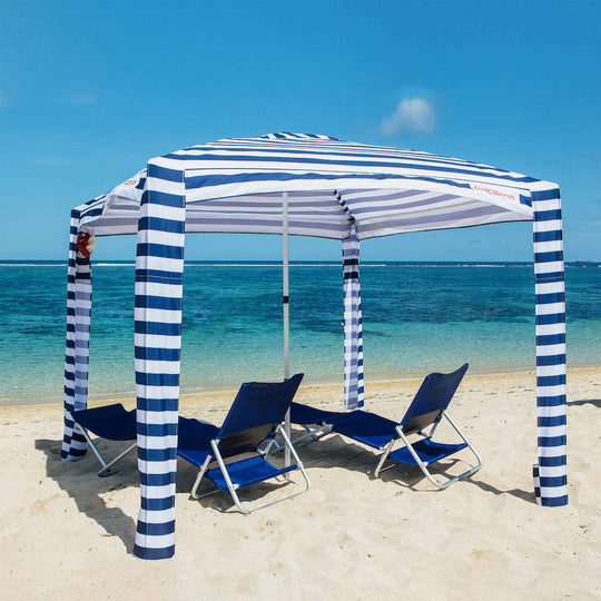 Large Navy Stripes CoolCabanas 5 + Flagship High Wind Sail Shade + Grass Kit (No Hammer) Bundle banner